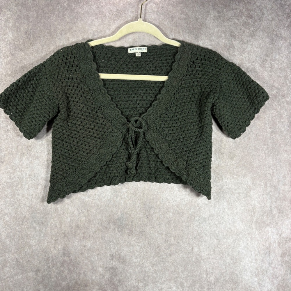 Earthbound Trading Co Crochet Shrug Womens Size XS/S Green Boho Tie Front Bolero